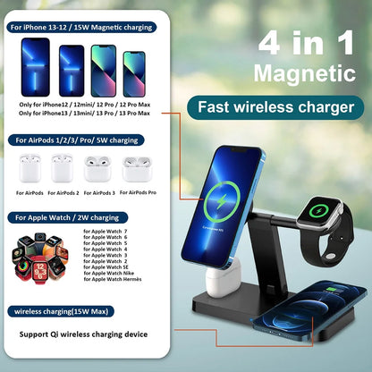 15W 4 in 1 Wireless Charger Stand Compatible with Iphone 15 14 13 12 11 Pro X Xs Max Xr 8 Apple Watch 9 8 7 6 5 4 3 2 Apple Airpods