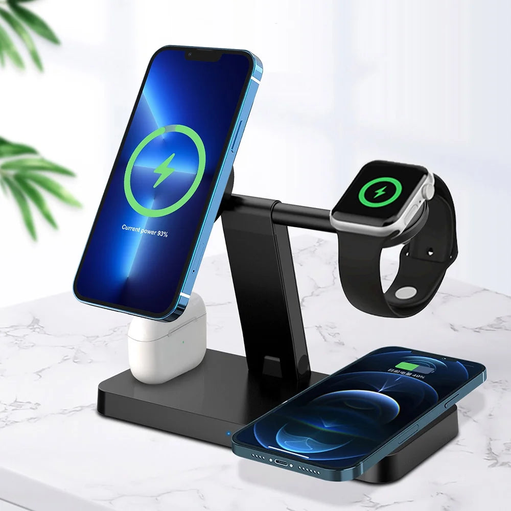 15W 4 in 1 Wireless Charger Stand Compatible with Iphone 15 14 13 12 11 Pro X Xs Max Xr 8 Apple Watch 9 8 7 6 5 4 3 2 Apple Airpods