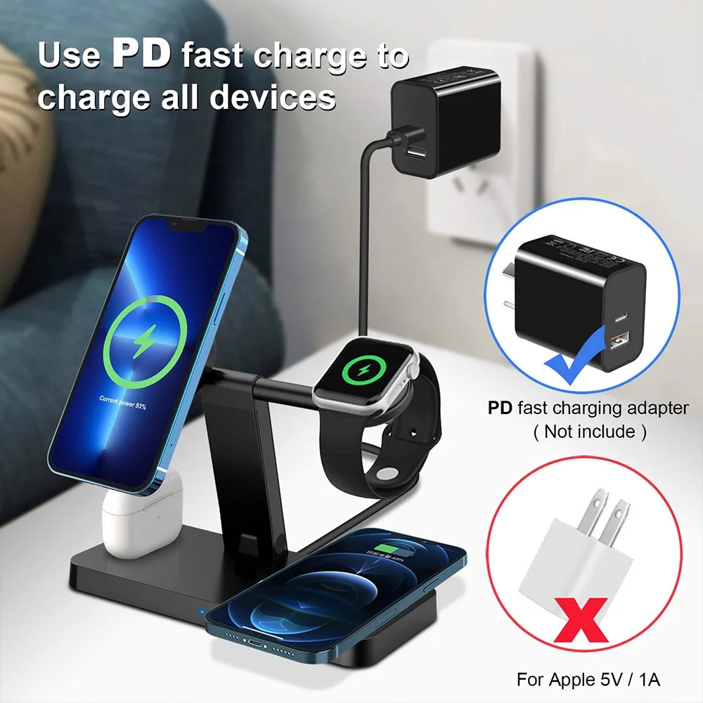 15W 4 in 1 Wireless Charger Stand Compatible with Iphone 15 14 13 12 11 Pro X Xs Max Xr 8 Apple Watch 9 8 7 6 5 4 3 2 Apple Airpods