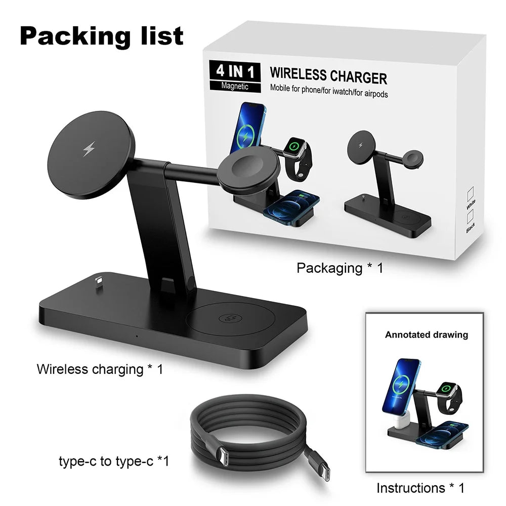 15W 4 in 1 Wireless Charger Stand Compatible with Iphone 15 14 13 12 11 Pro X Xs Max Xr 8 Apple Watch 9 8 7 6 5 4 3 2 Apple Airpods